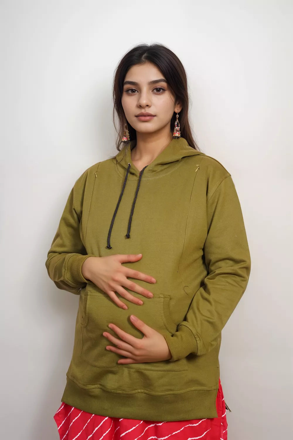 Ofably Solid Cotton Maternity Nursing Hoodie- Olive Green (OFMH0OLVEHD02)