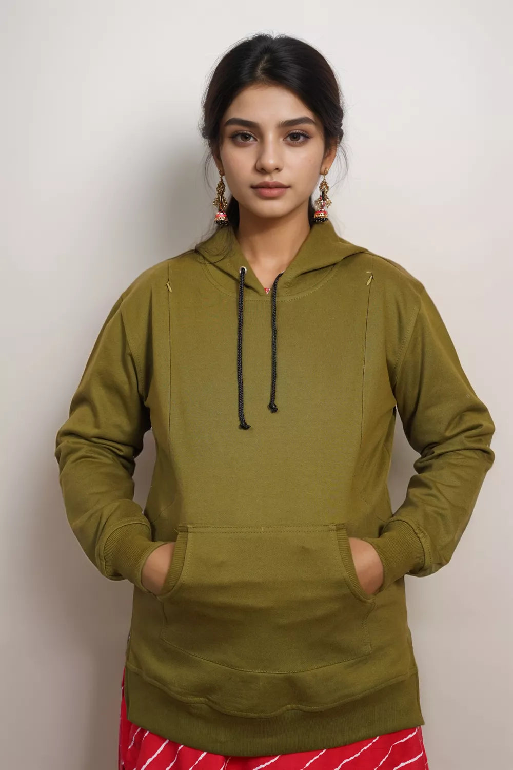 Ofably Solid Cotton Maternity Nursing Hoodie- Olive Green (OFMH0OLVEHD02)