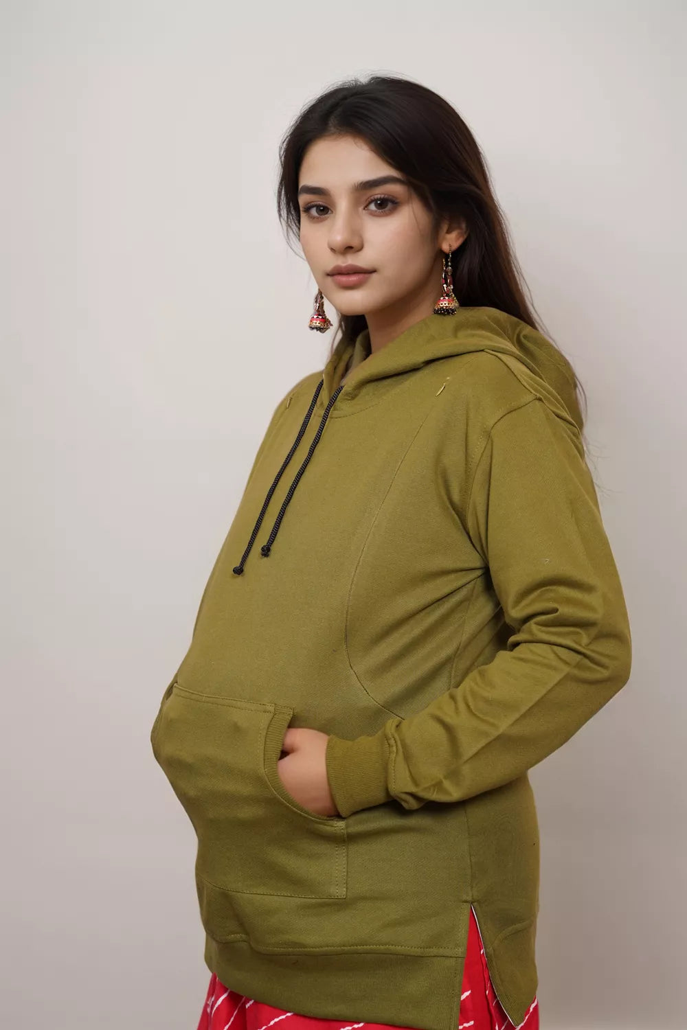 Ofably Solid Cotton Maternity Nursing Hoodie- Olive Green (OFMH0OLVEHD02)