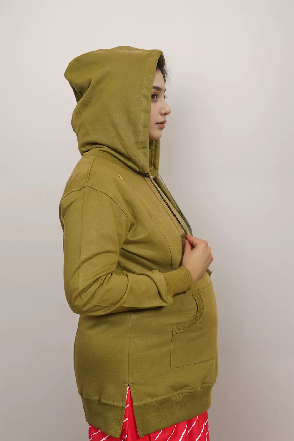 Ofably Solid Cotton Maternity Nursing Hoodie- Olive Green (OFMH0OLVEHD02)