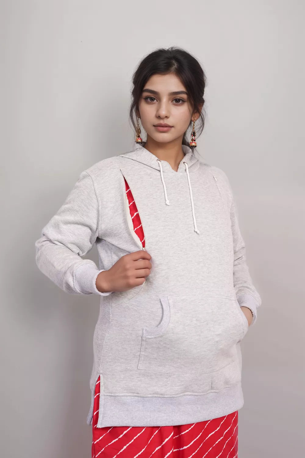 Ofably Solid Cotton Maternity Nursing Hoodie- Light Grey (OFMH0LGRYHD03)