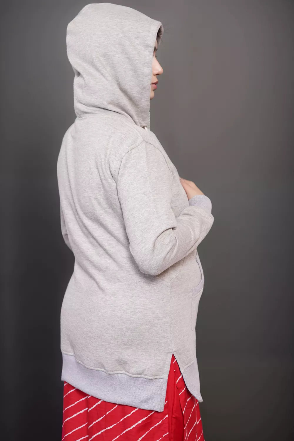 Ofably Solid Cotton Maternity Nursing Hoodie- Light Grey (OFMH0LGRYHD03)