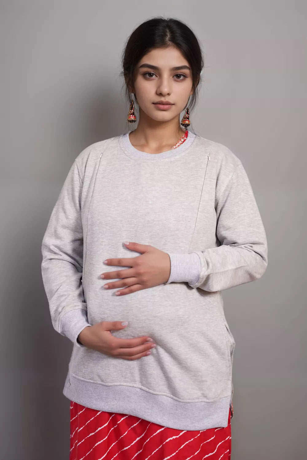 Ofably Solid Cotton Maternity Nursing Sweatshirt- Light Grey (OFMH0LGRYSWT04)