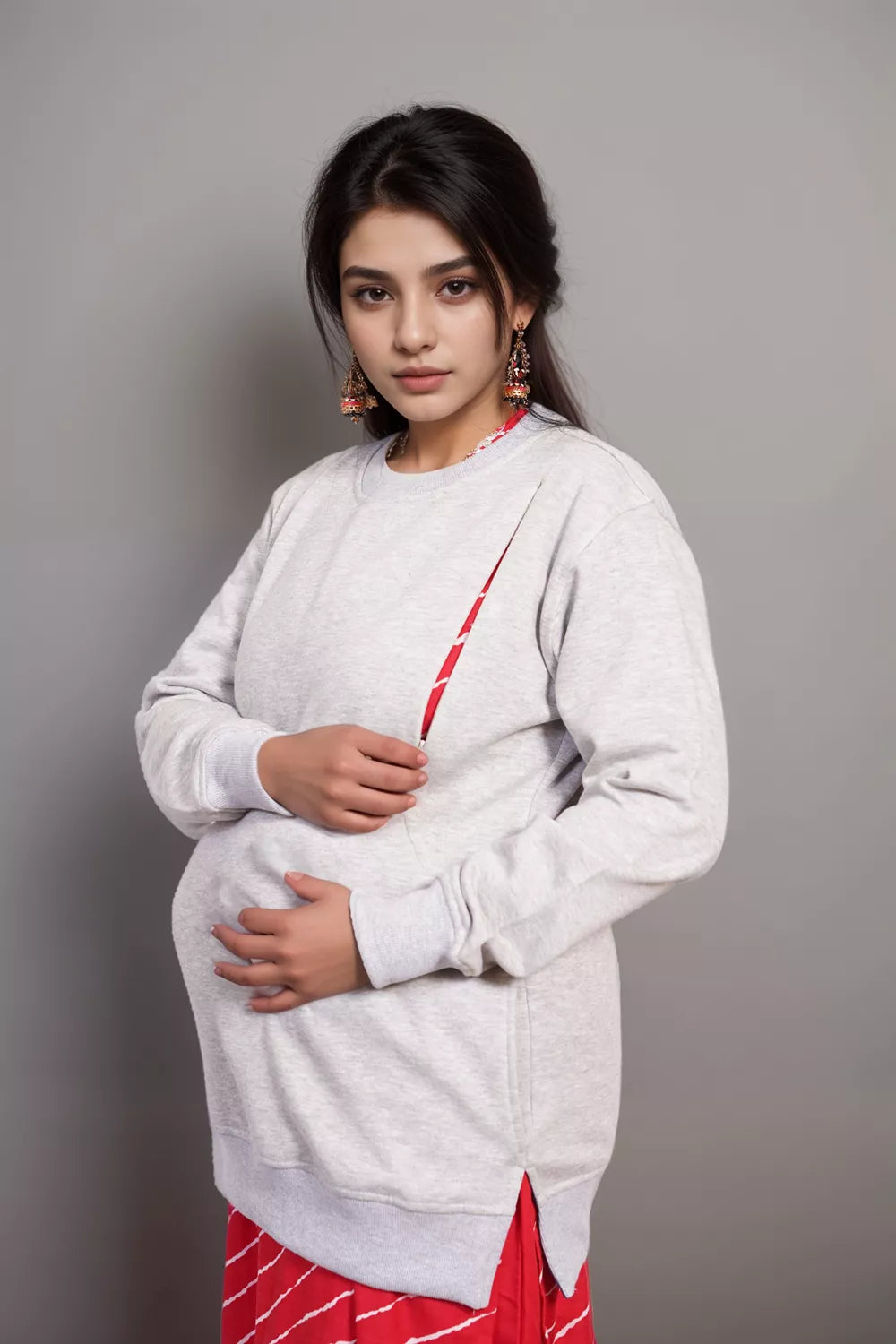 Ofably Solid Cotton Maternity Nursing Sweatshirt- Light Grey (OFMH0LGRYSWT04)