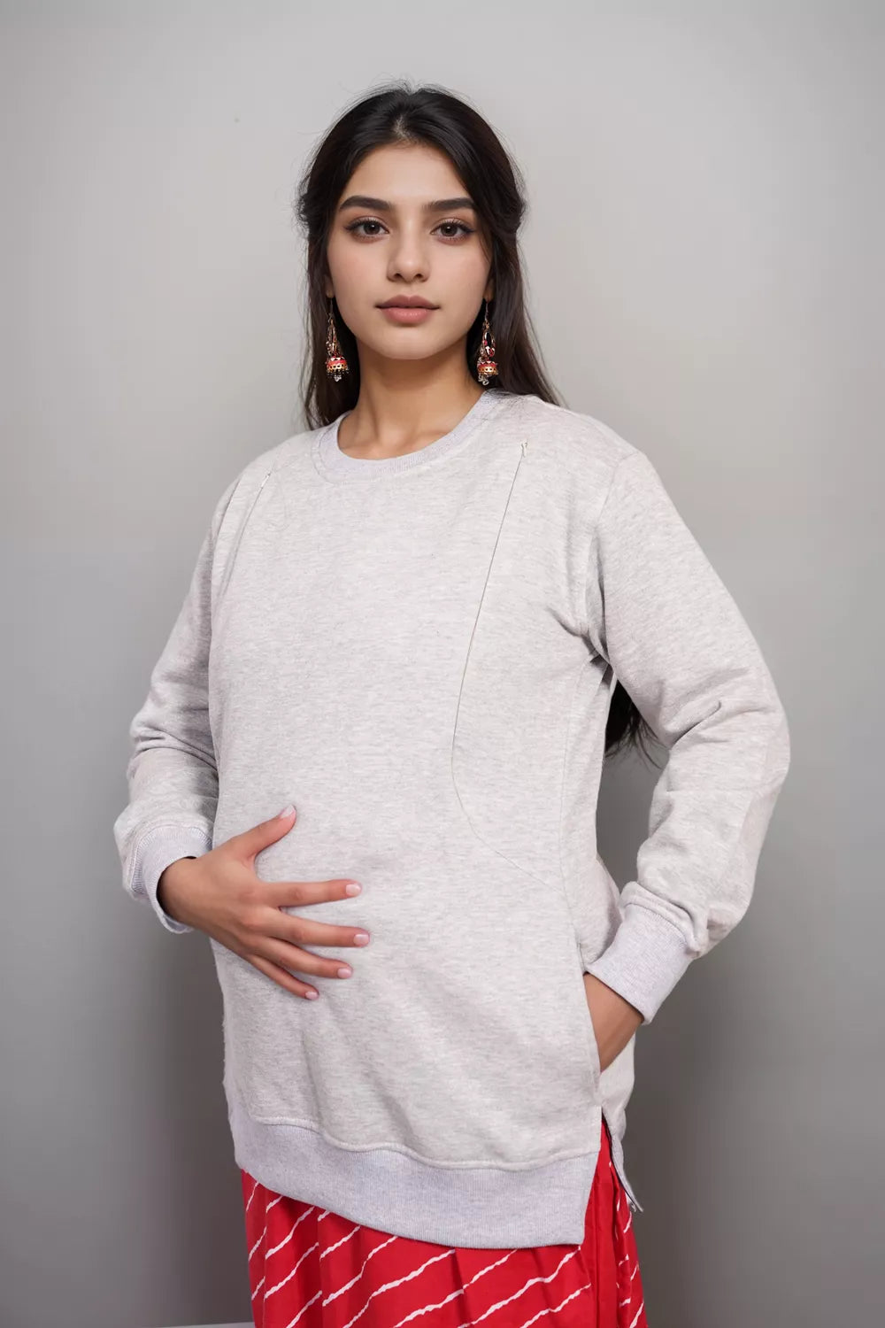 Ofably Solid Cotton Maternity Nursing Sweatshirt- Light Grey (OFMH0LGRYSWT04)