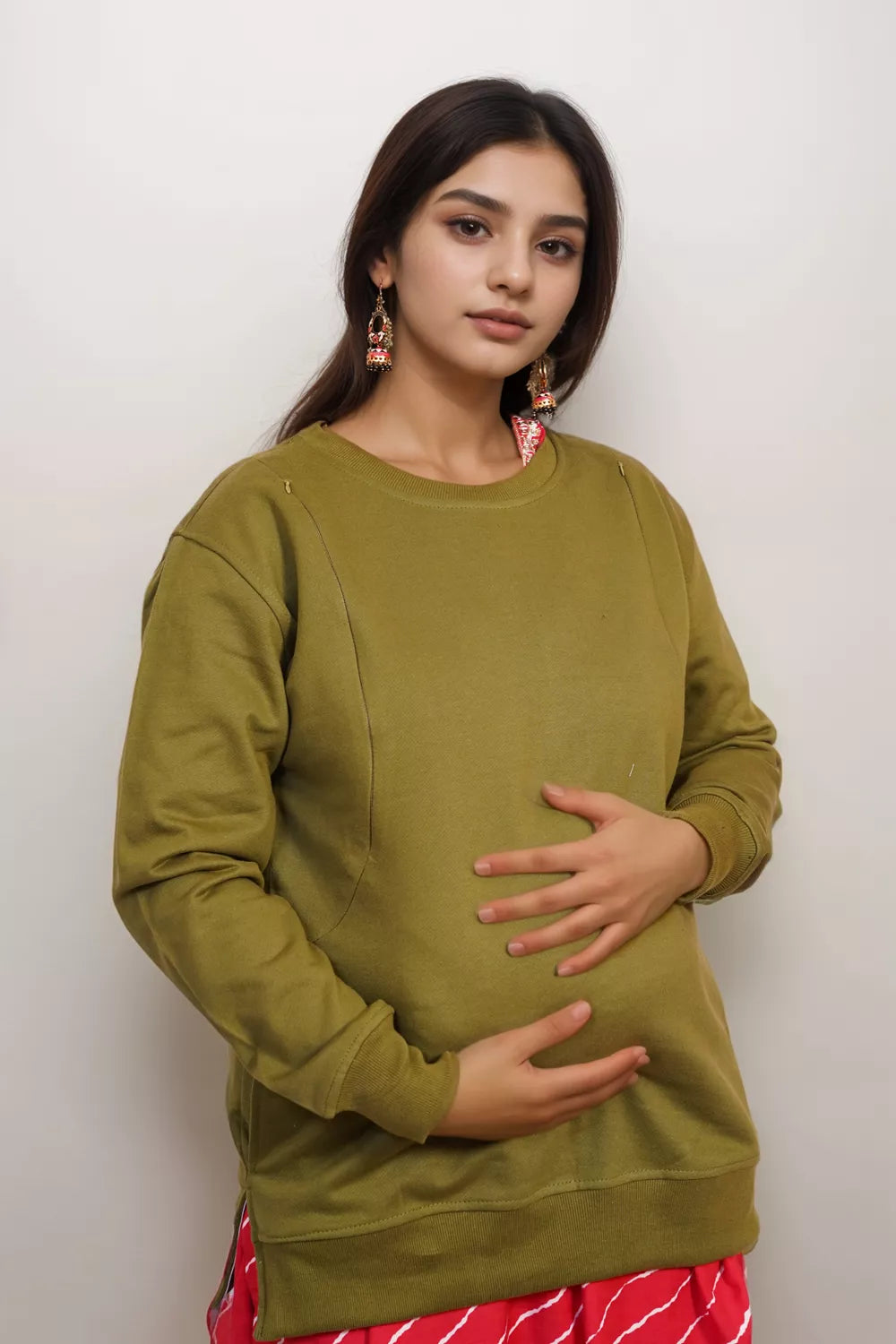 Ofably Solid Cotton Maternity Nursing Sweatshirt- Olive Green (OFMH0OLVESWT06)