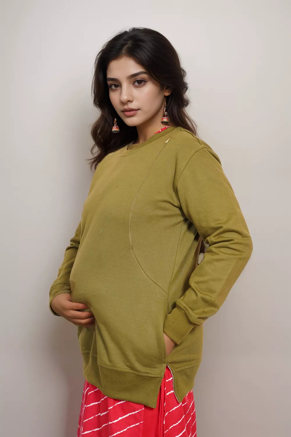 Ofably Solid Cotton Maternity Nursing Sweatshirt- Olive Green (OFMH0OLVESWT06)