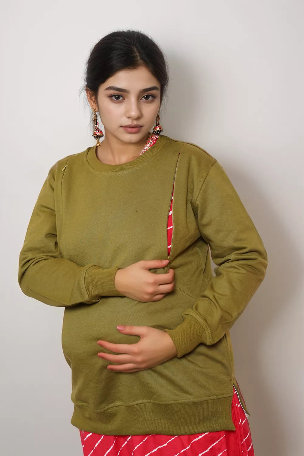 Ofably Solid Cotton Maternity Nursing Sweatshirt- Olive Green (OFMH0OLVESWT06)