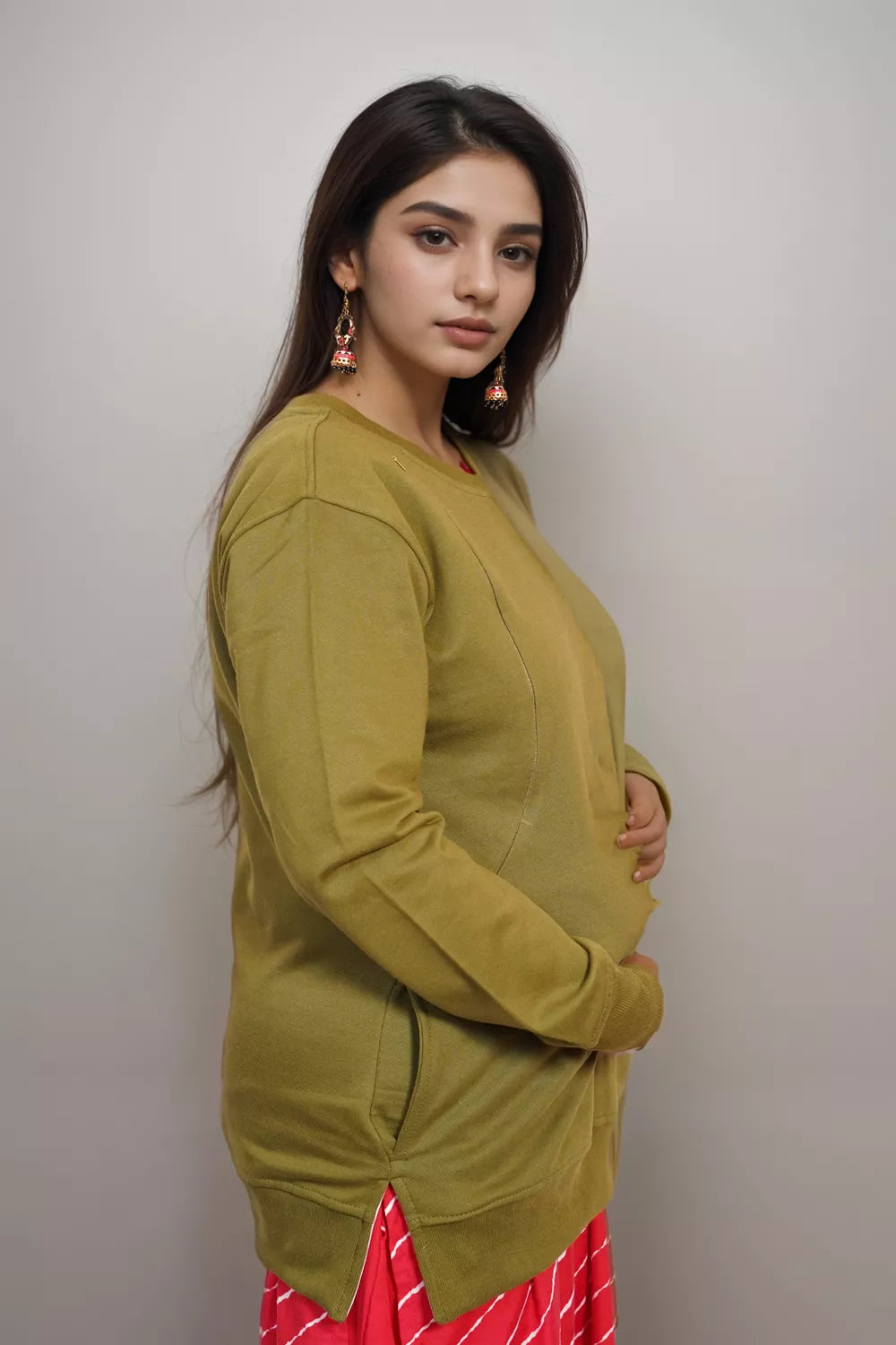 Ofably Solid Cotton Maternity Nursing Sweatshirt- Olive Green (OFMH0OLVESWT06)