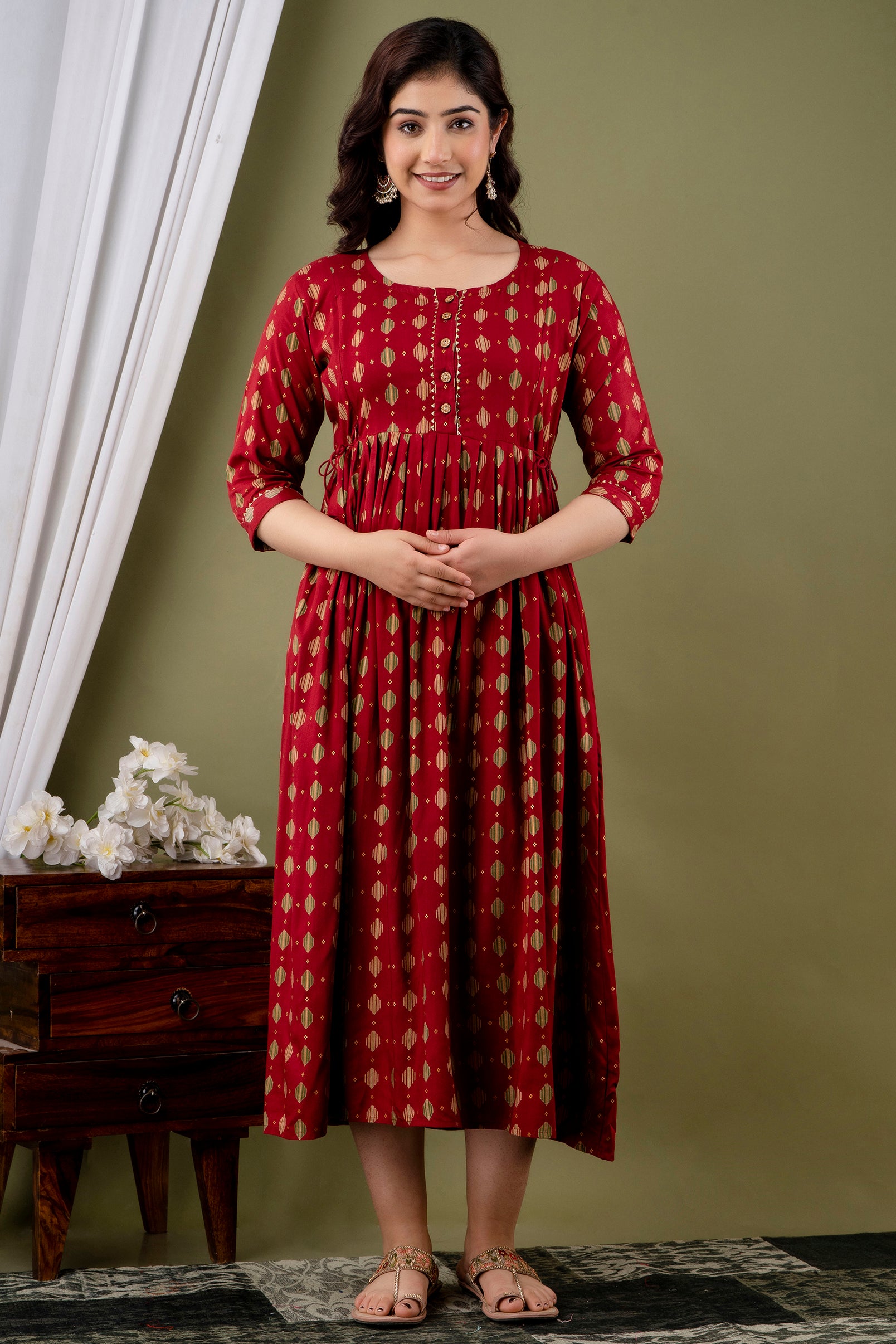 Ofably Rayon Maternity Cum Feeding Kurti - Red (OFMK102}