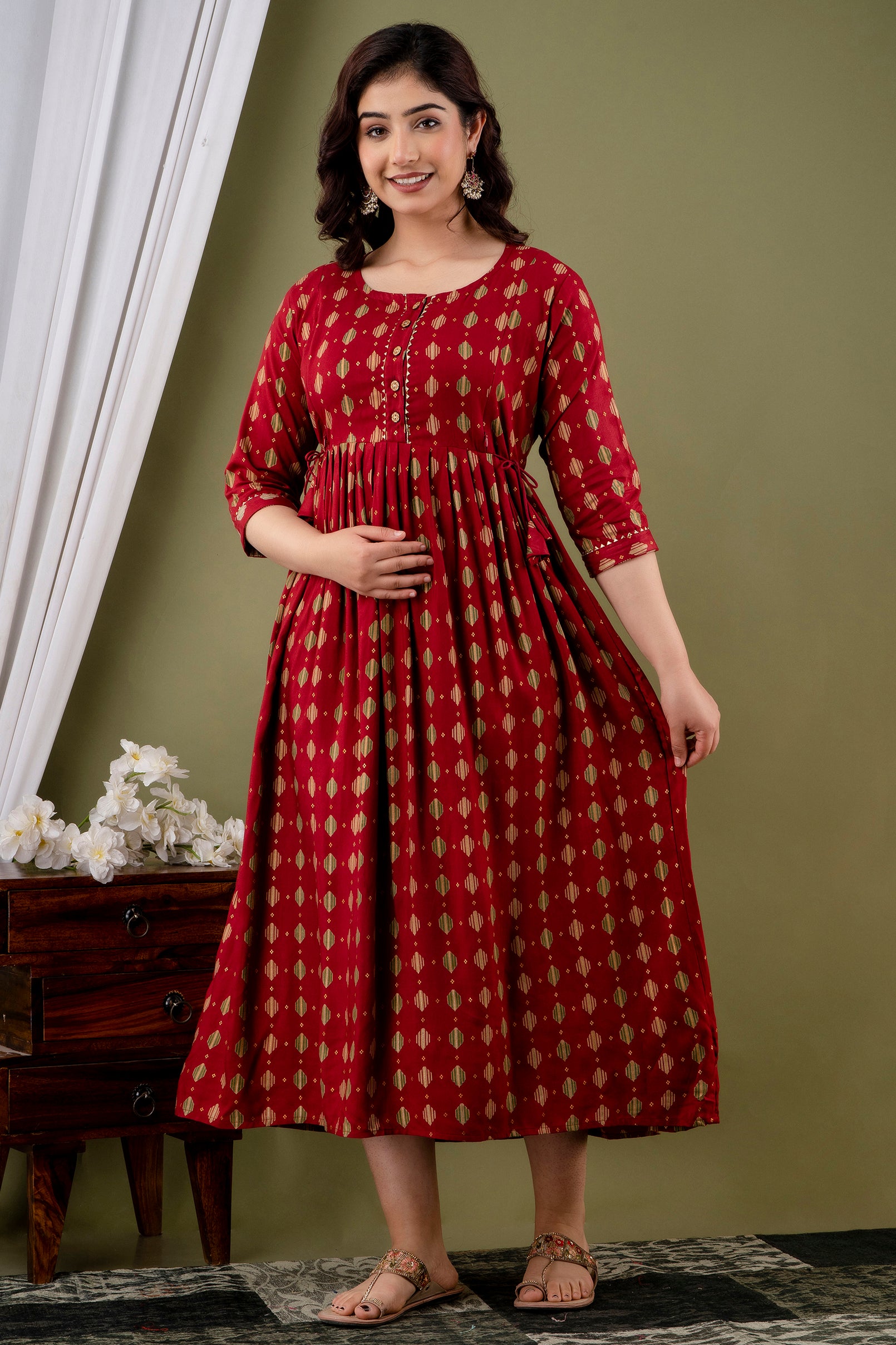 Ofably Rayon Maternity Cum Feeding Kurti - Red (OFMK102}