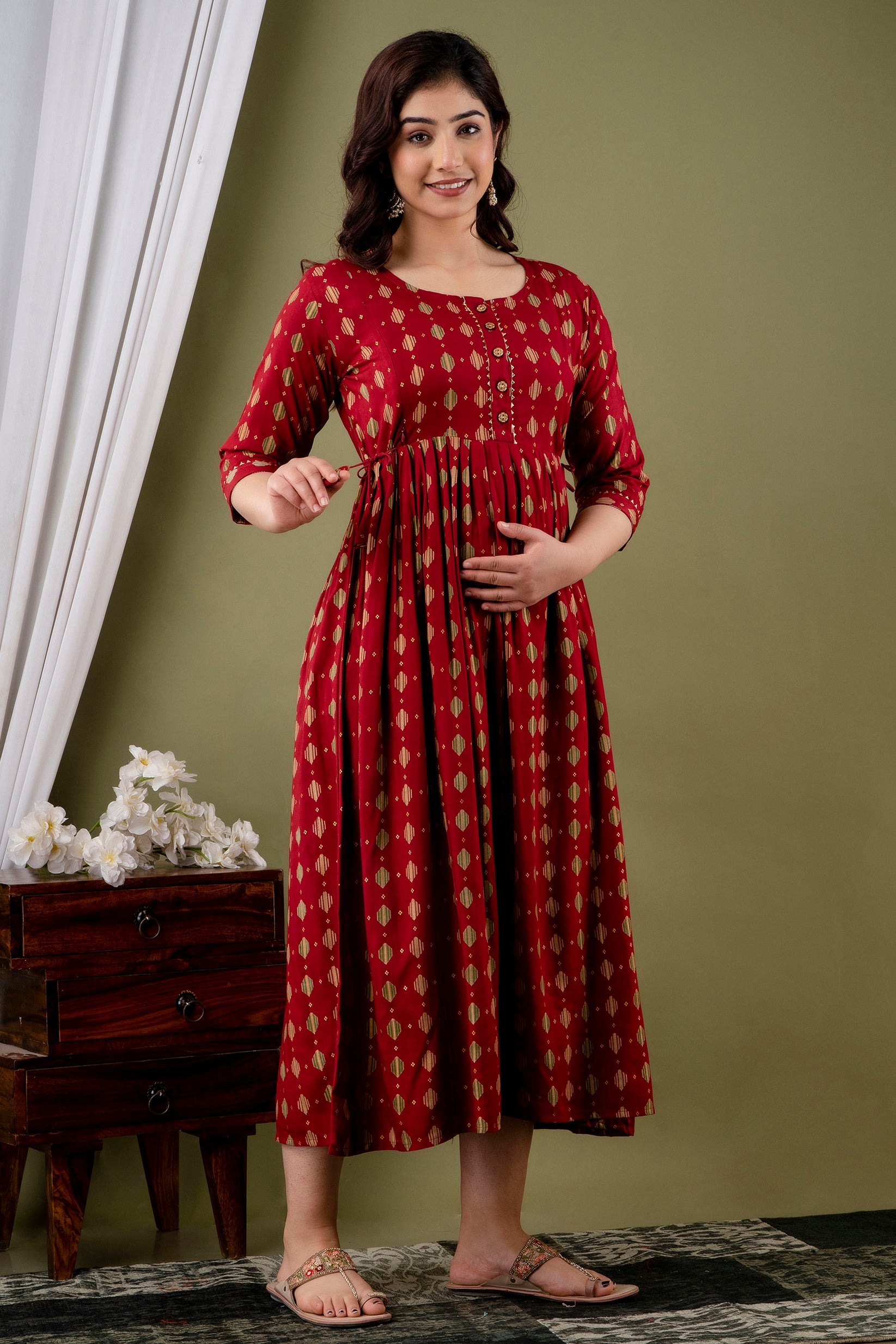 Ofably Rayon Maternity Cum Feeding Kurti - Red (OFMK102}