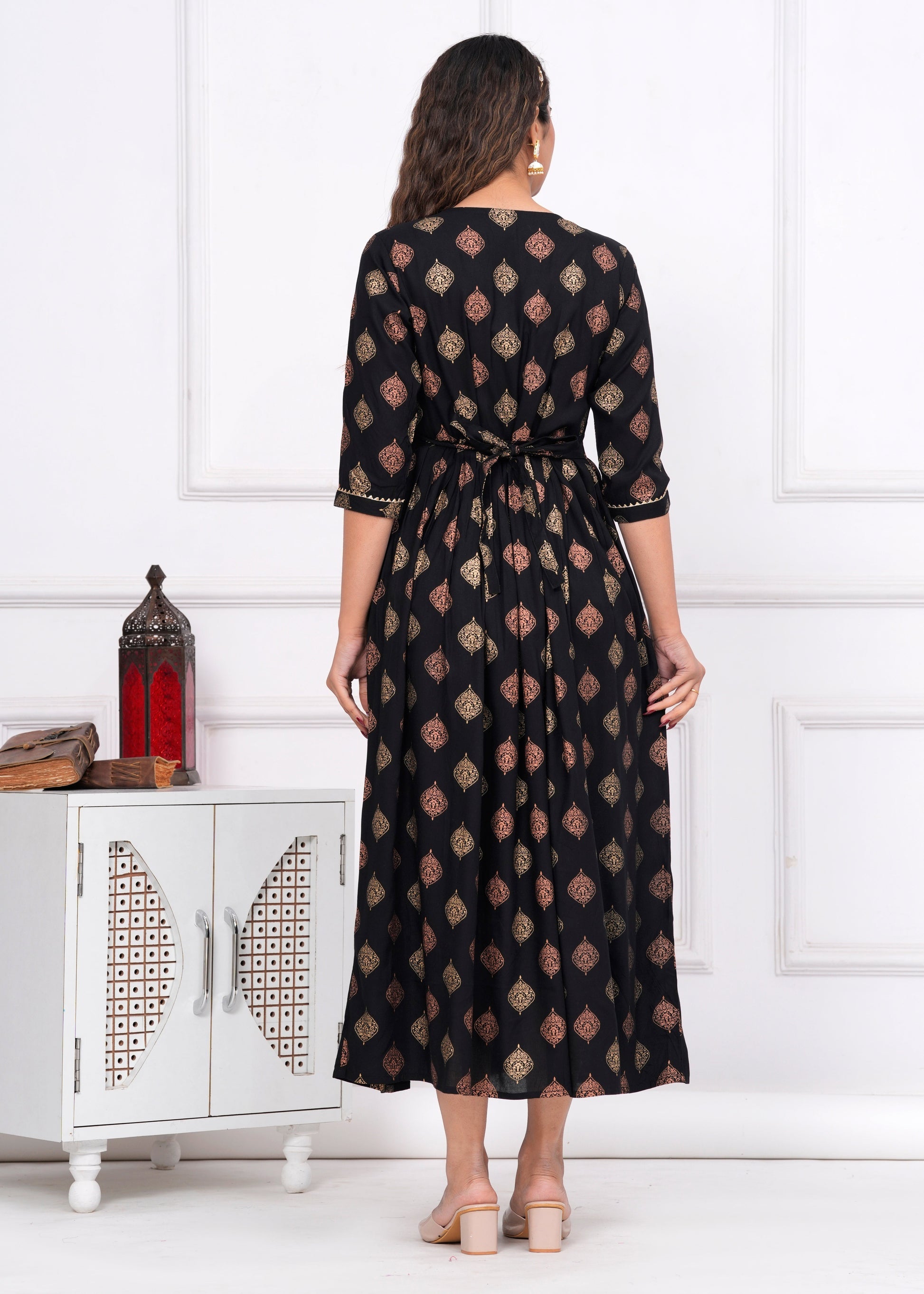 Ofably Rayon Maternity Cum Feeding Kurti -Black (OFMK082}