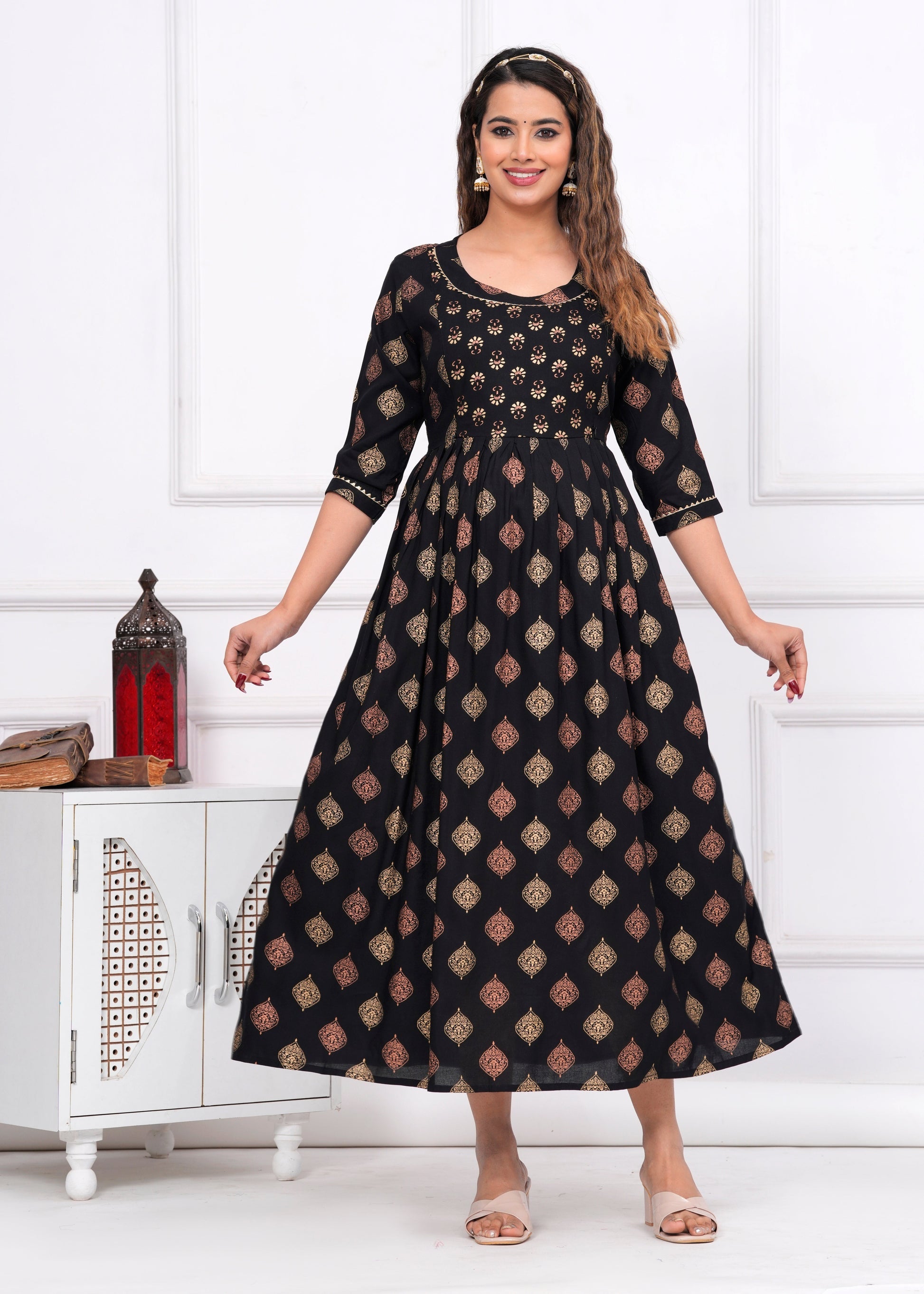 Ofably Rayon Maternity Cum Feeding Kurti -Black (OFMK082}