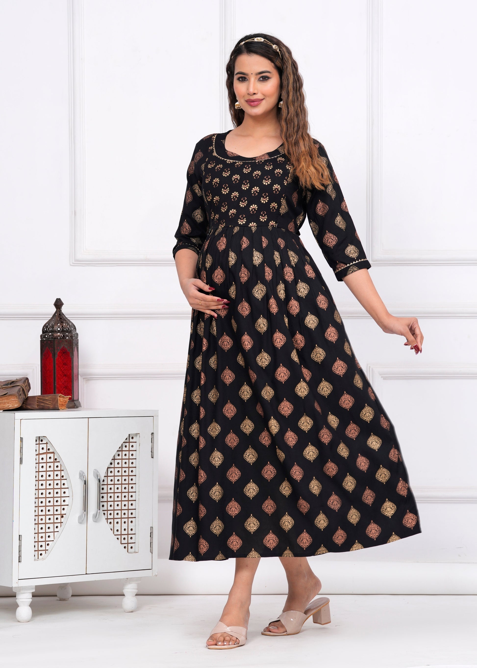 Ofably Rayon Maternity Cum Feeding Kurti -Black (OFMK082}