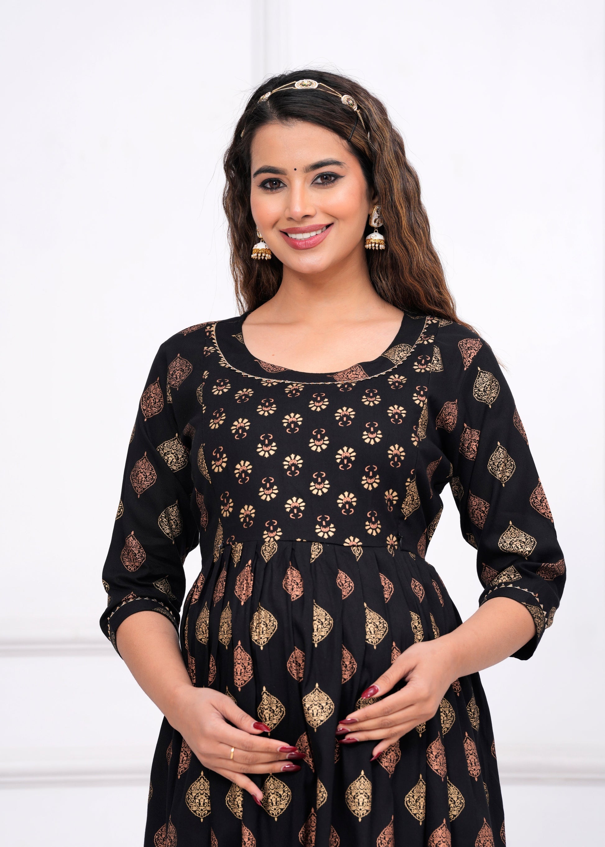 Ofably Rayon Maternity Cum Feeding Kurti -Black (OFMK082}