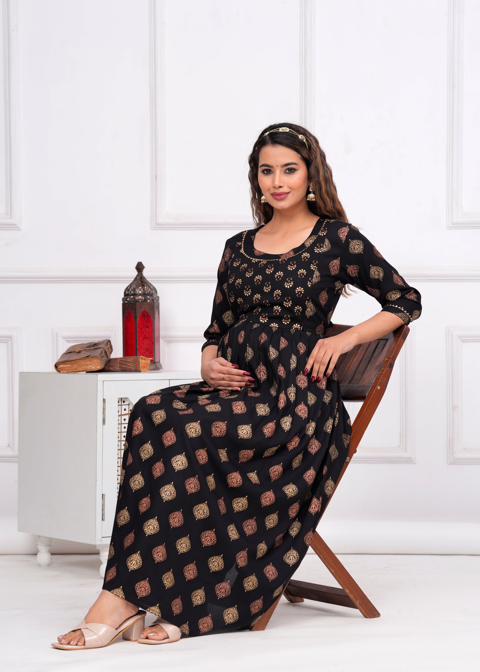 Ofably Rayon Maternity Cum Feeding Kurti -Black (OFMK082}