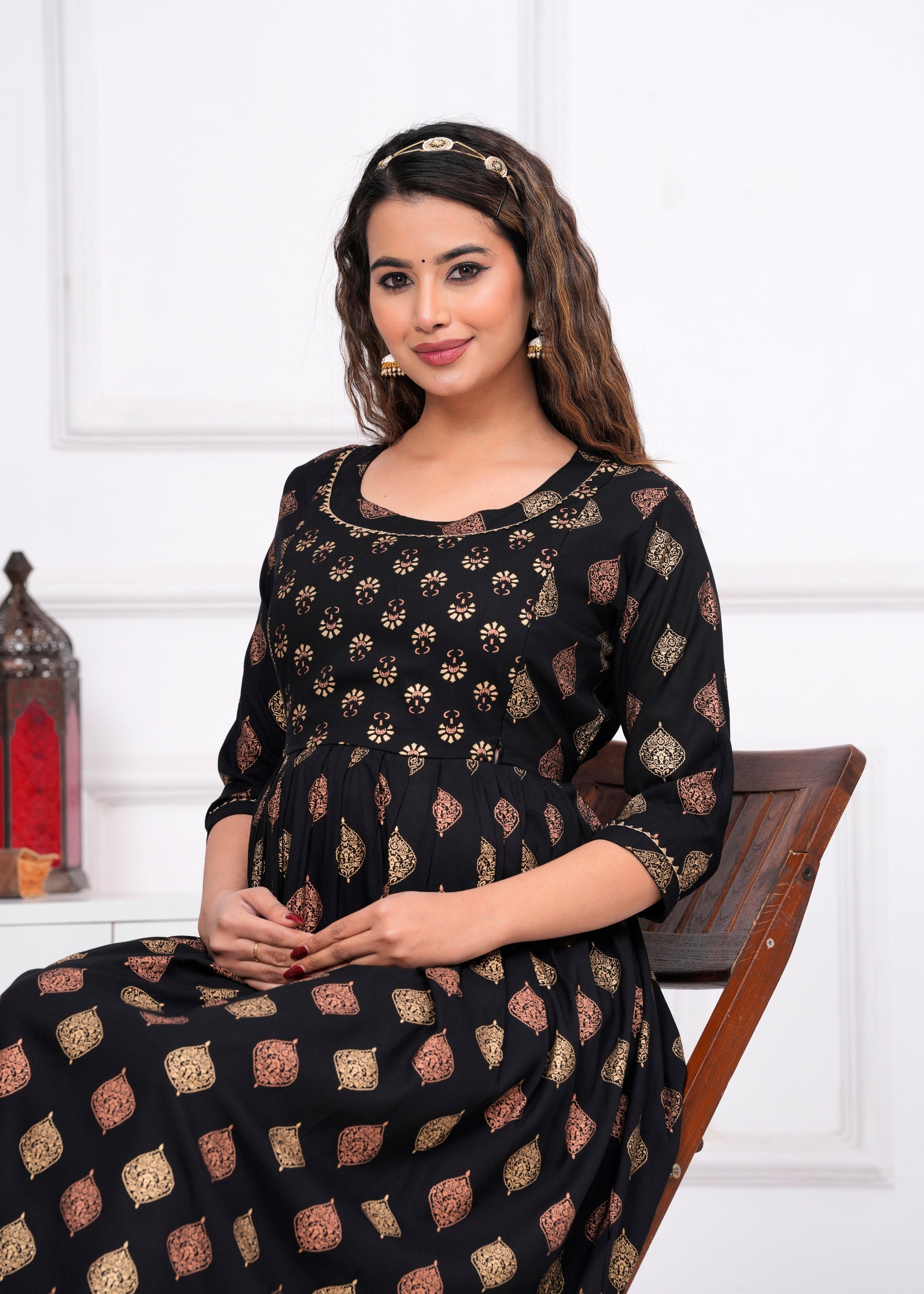 Ofably Rayon Maternity Cum Feeding Kurti -Black (OFMK082}