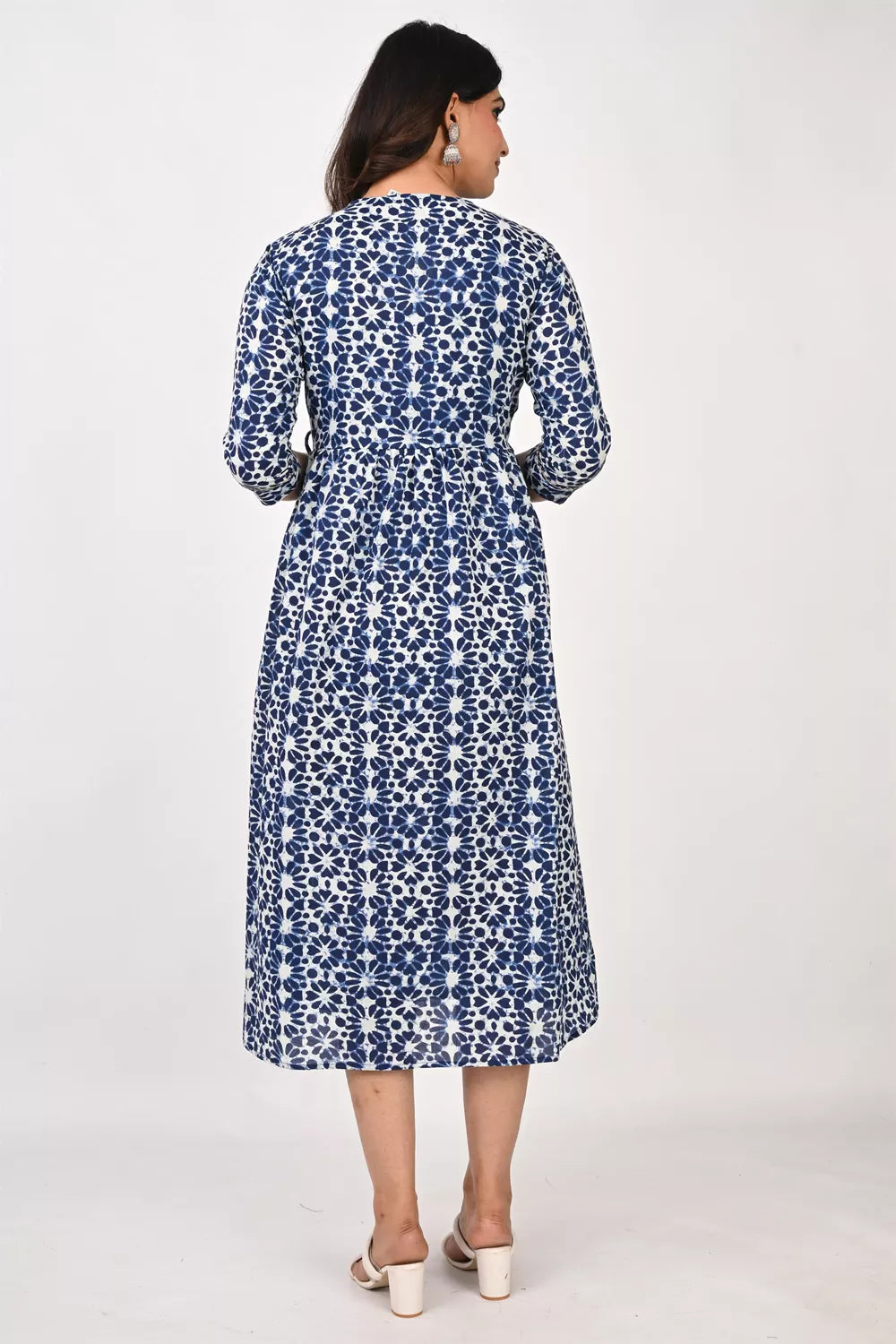 Ofably Blue Flower Maternity Cum Feeding Cotton Kurti- White (OFMK154)