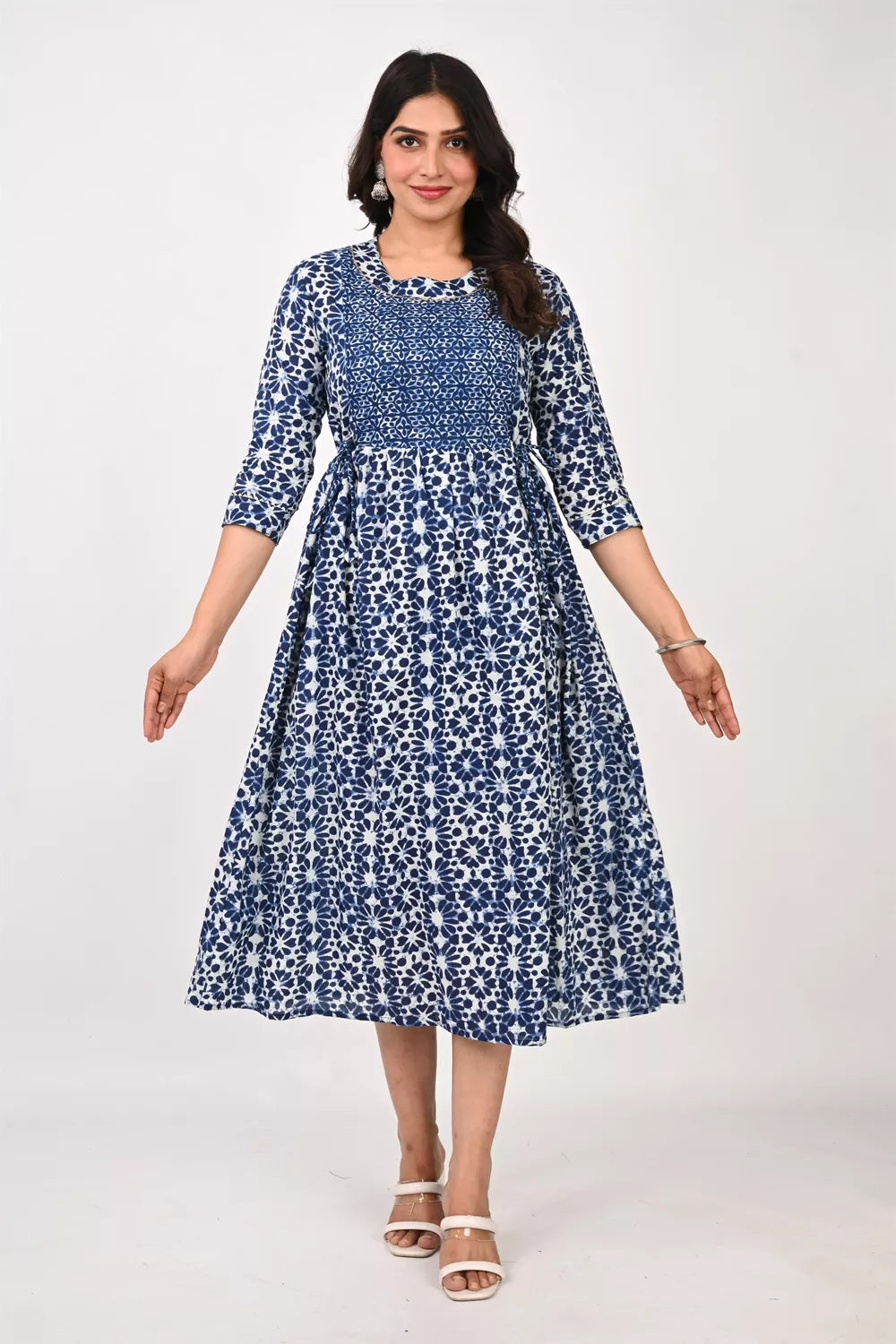 Ofably Blue Flower Maternity Cum Feeding Cotton Kurti- White (OFMK154)