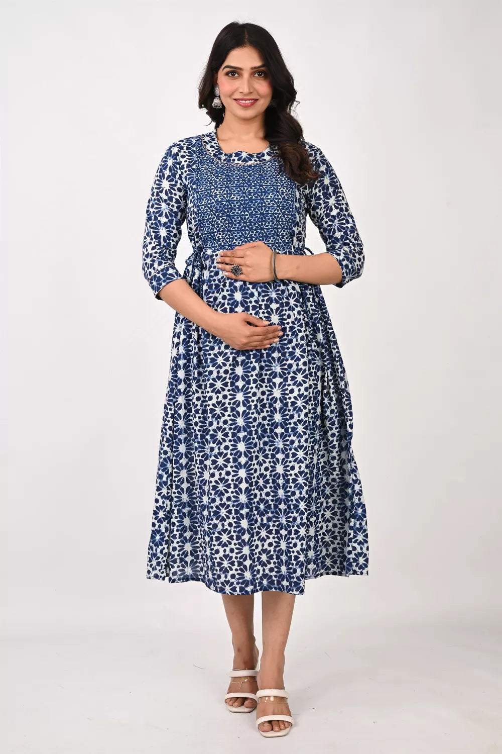 Ofably Blue Flower Maternity Cum Feeding Cotton Kurti- White (OFMK154)