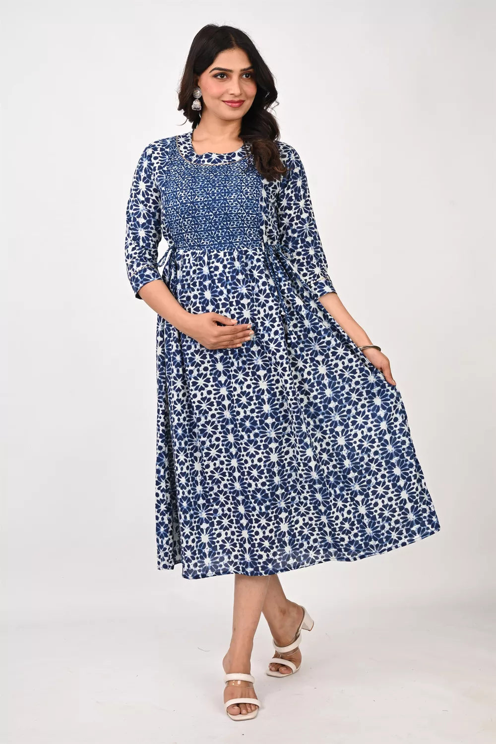 Ofably Blue Flower Maternity Cum Feeding Cotton Kurti- White (OFMK154)