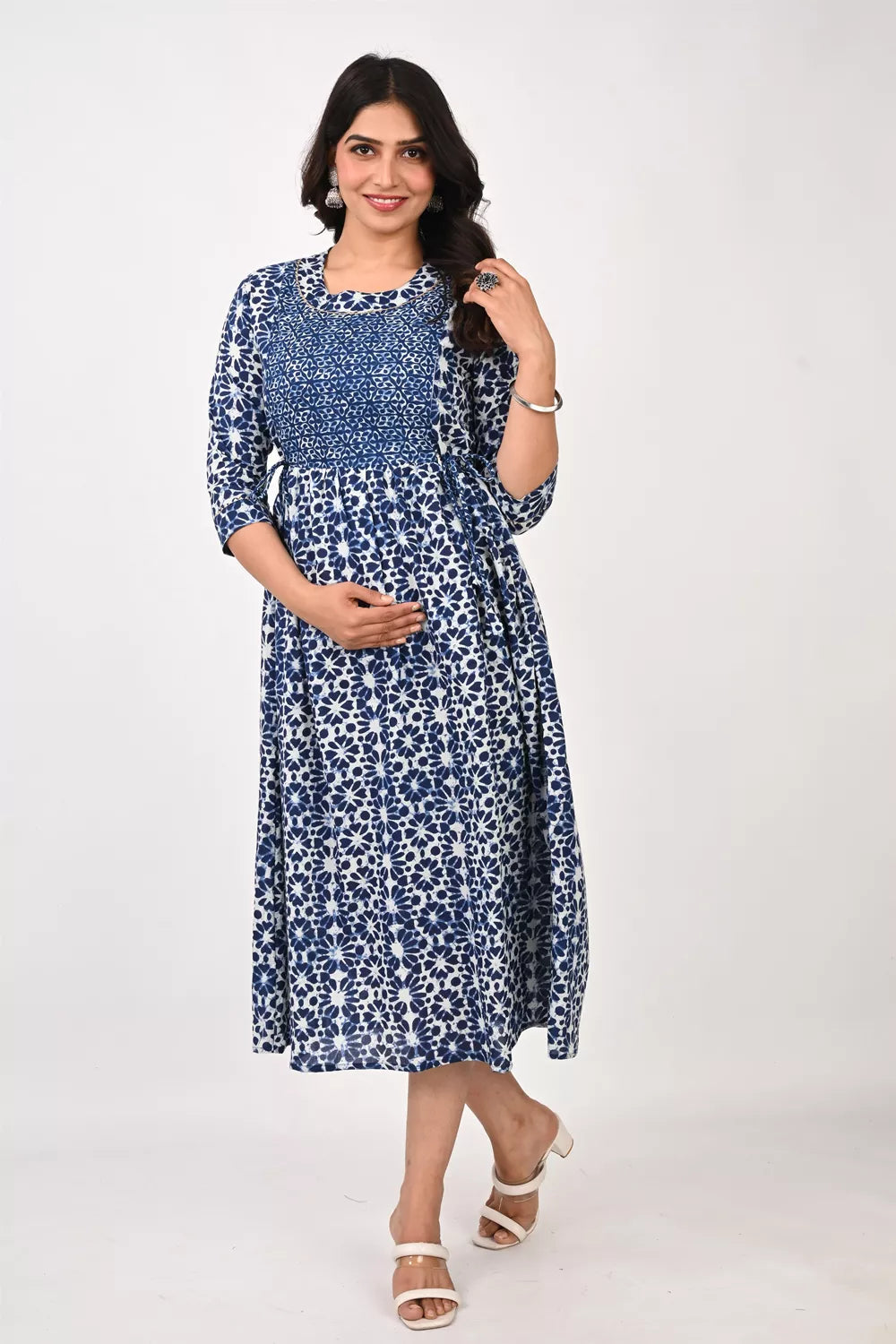 Ofably Blue Flower Maternity Cum Feeding Cotton Kurti- White (OFMK154)
