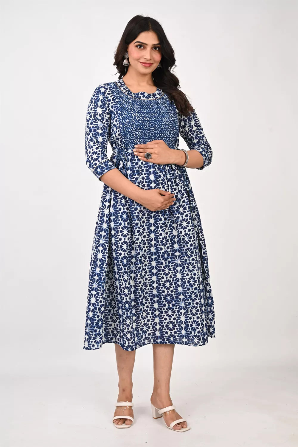Ofably Blue Flower Maternity Cum Feeding Cotton Kurti- White (OFMK154)