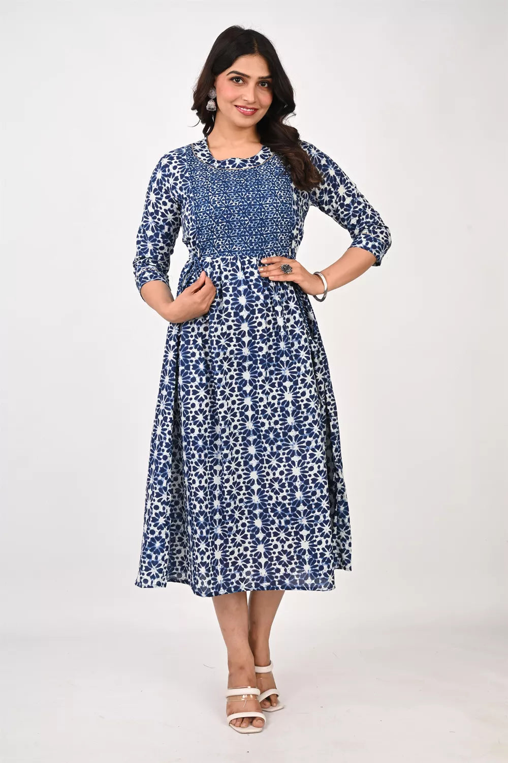 Ofably Blue Flower Maternity Cum Feeding Cotton Kurti- White (OFMK154)