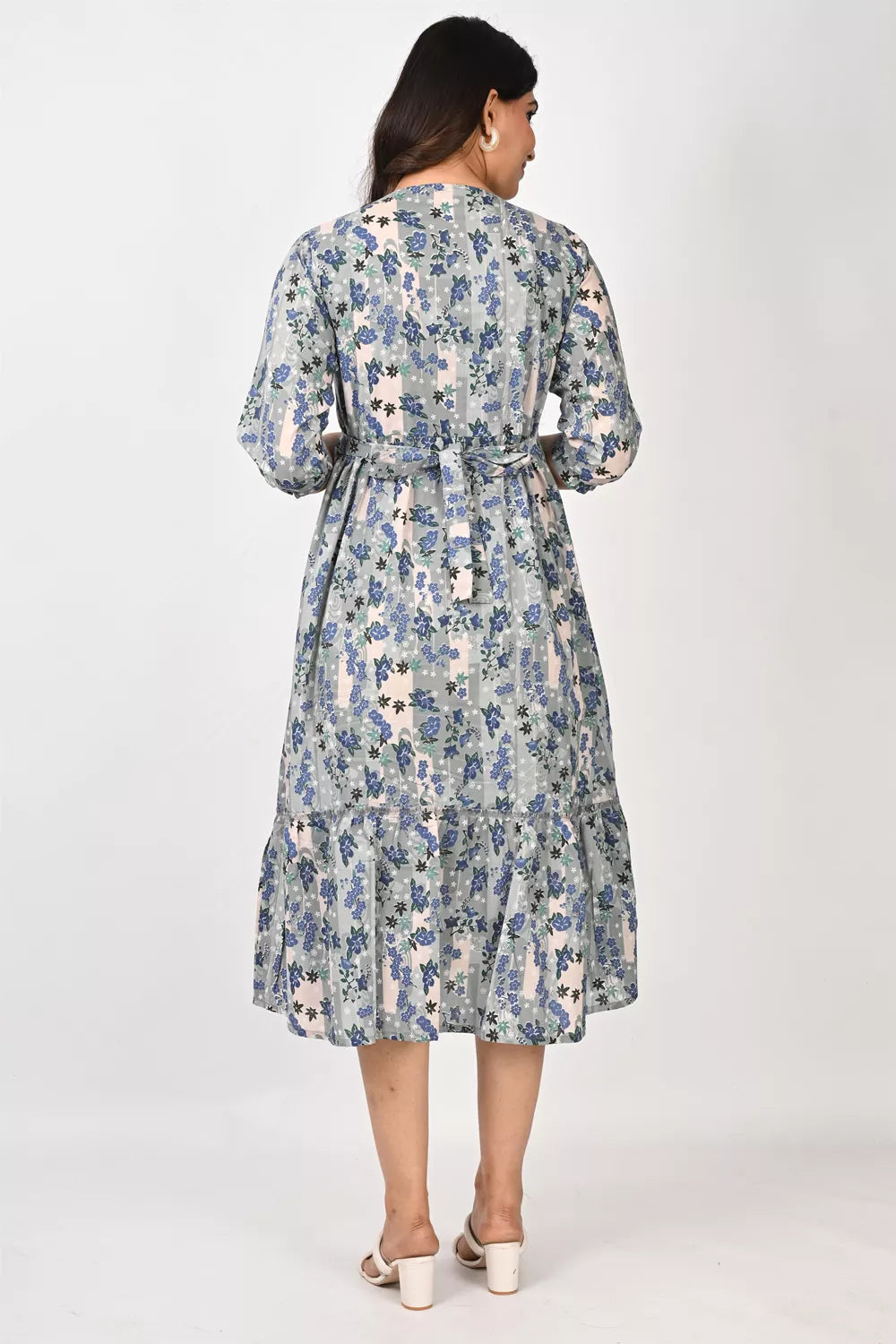 Ofably Blue Floral Maternity Cum Feeding Cotton Kurti- Grey (OFMK157)