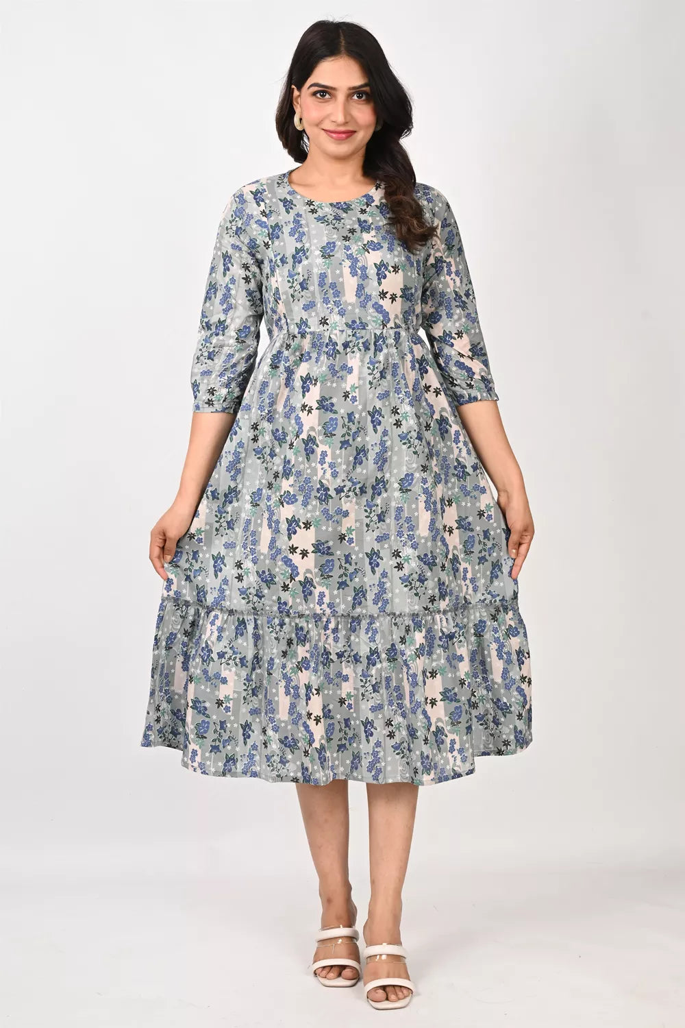 Ofably Blue Floral Maternity Cum Feeding Cotton Kurti- Grey (OFMK157)