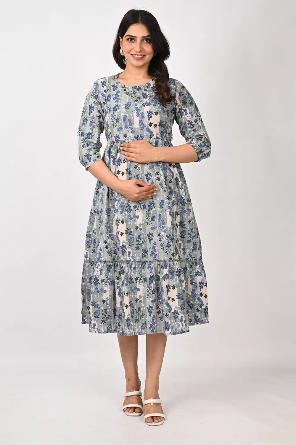 Ofably Blue Floral Maternity Cum Feeding Cotton Kurti- Grey (OFMK157)