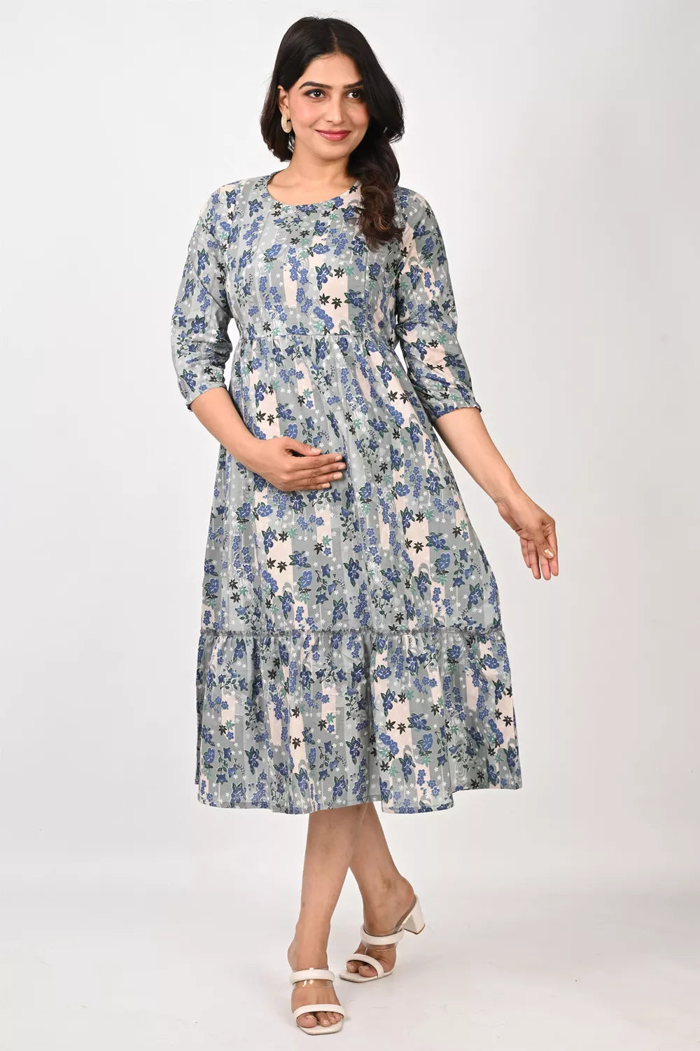 Ofably Blue Floral Maternity Cum Feeding Cotton Kurti- Grey (OFMK157)