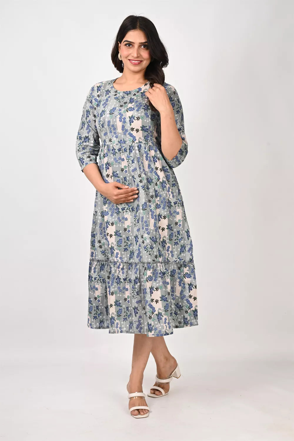 Ofably Blue Floral Maternity Cum Feeding Cotton Kurti- Grey (OFMK157)