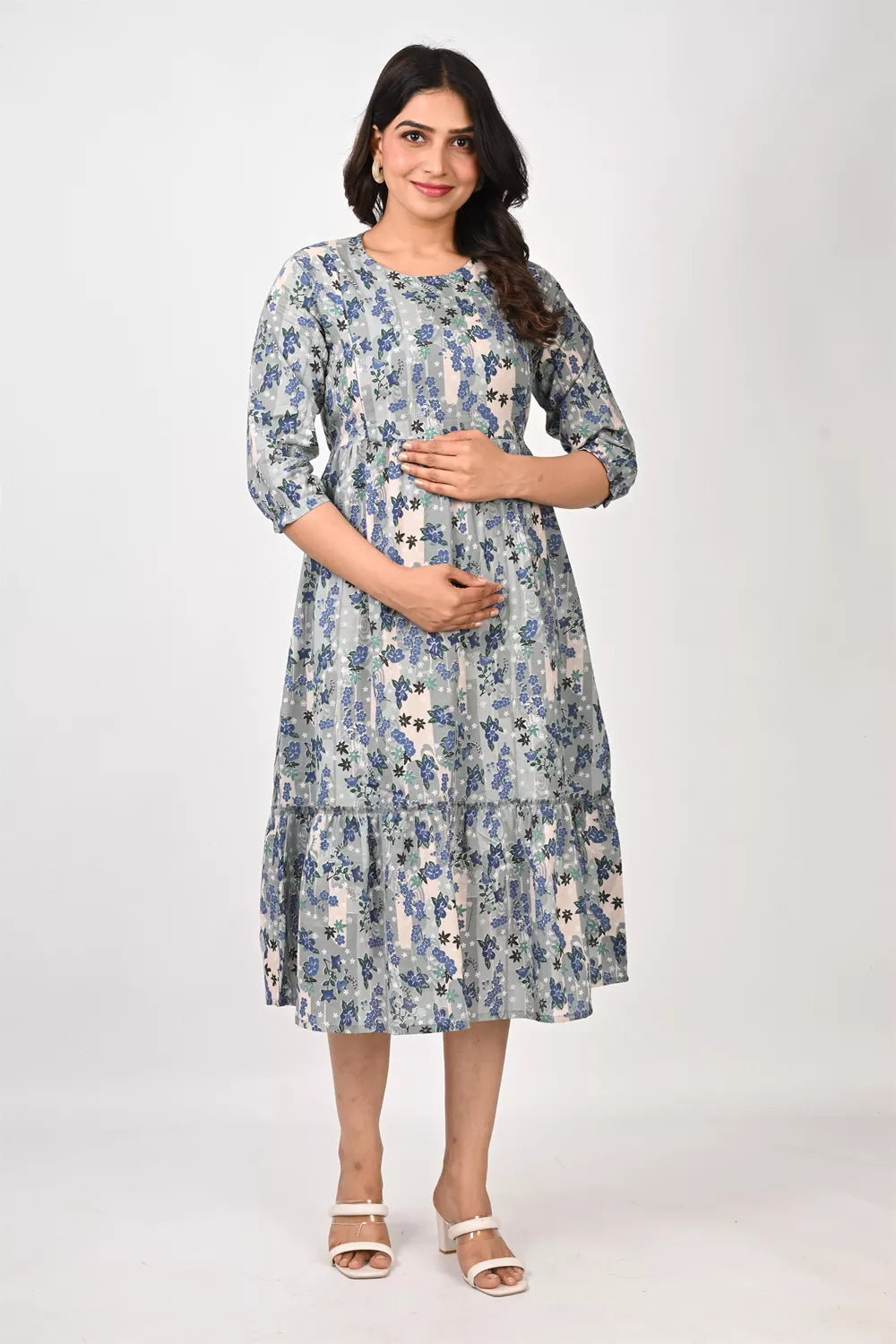 Ofably Blue Floral Maternity Cum Feeding Cotton Kurti- Grey (OFMK157)