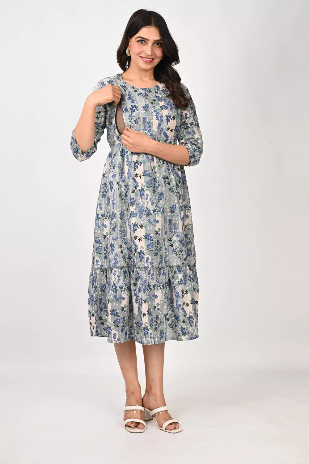 Ofably Blue Floral Maternity Cum Feeding Cotton Kurti- Grey (OFMK157)