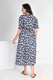 Ofably White Flower Printed Cotton Maternity Feeding Dress - Navy Blue(OFMK123)