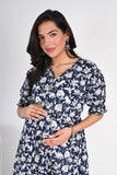 Ofably White Flower Printed Cotton Maternity Feeding Dress - Navy Blue(OFMK123)