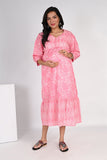 Ofably Up & Down Contrast Maternity Chain Feeding Cotton Dress - Light Pink(OFMK124)