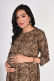 Ofably Floral With Lace Maternity Chain Feeding Kurti - Brown(OFMK126)