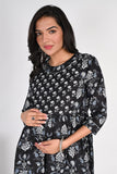 Ofably Contrast Lace Maternity Chain Feeding Cotton Kurti - Black(OFMK127)