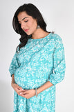 Ofably White Flower Print Maternity Chain Feeding Cotton Kurti - Sky Blue(OFMK128)