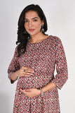 Ofably Katha Maternity Chain Feeding Cotton Kurti - Red & Blue(OFMK129)