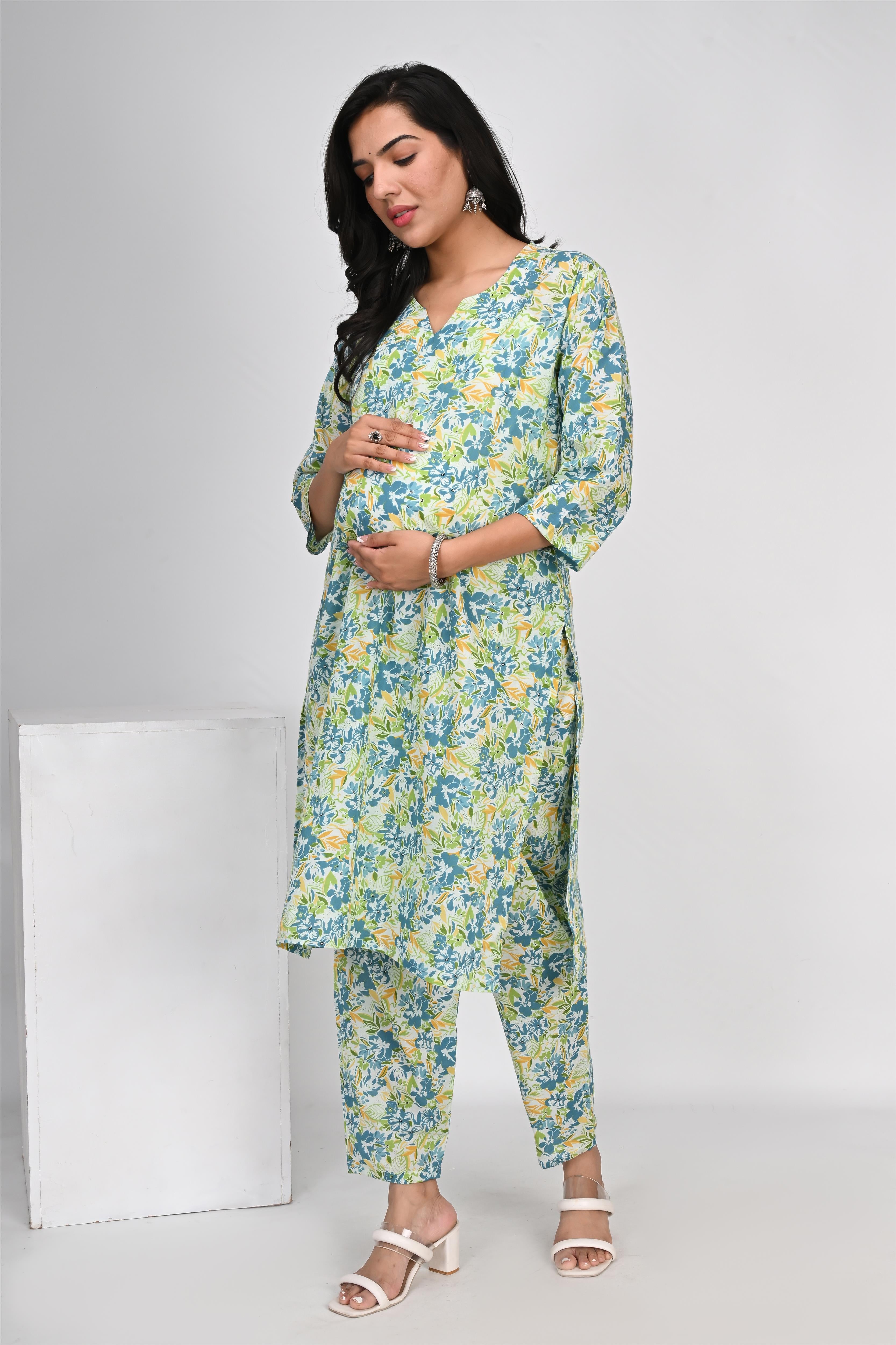 Ofably Blue Green Flower Cotton Maternity Co-ord Set- White(OFMCORD02)