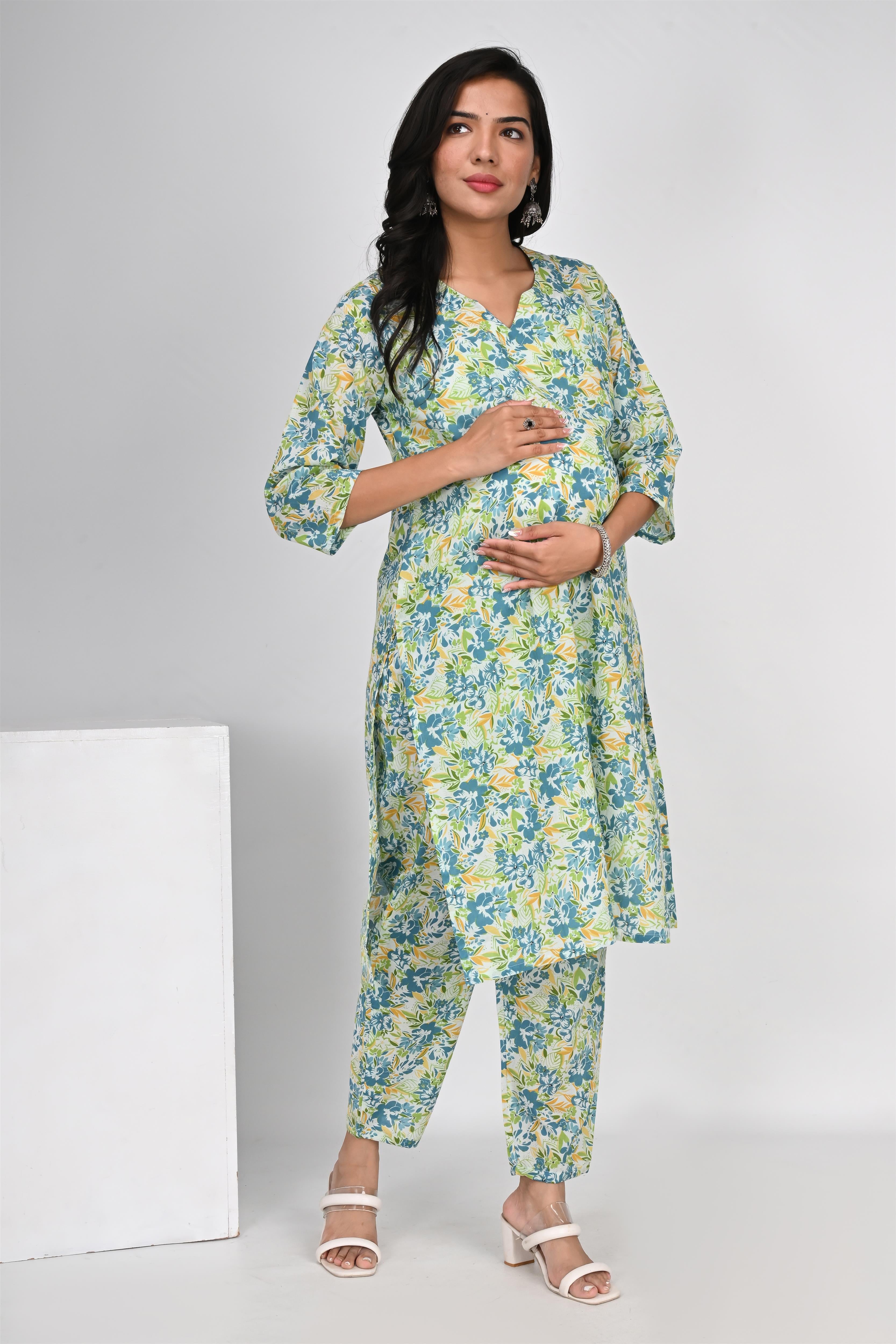 Ofably Blue Green Flower Cotton Maternity Co-ord Set- White(OFMCORD02)