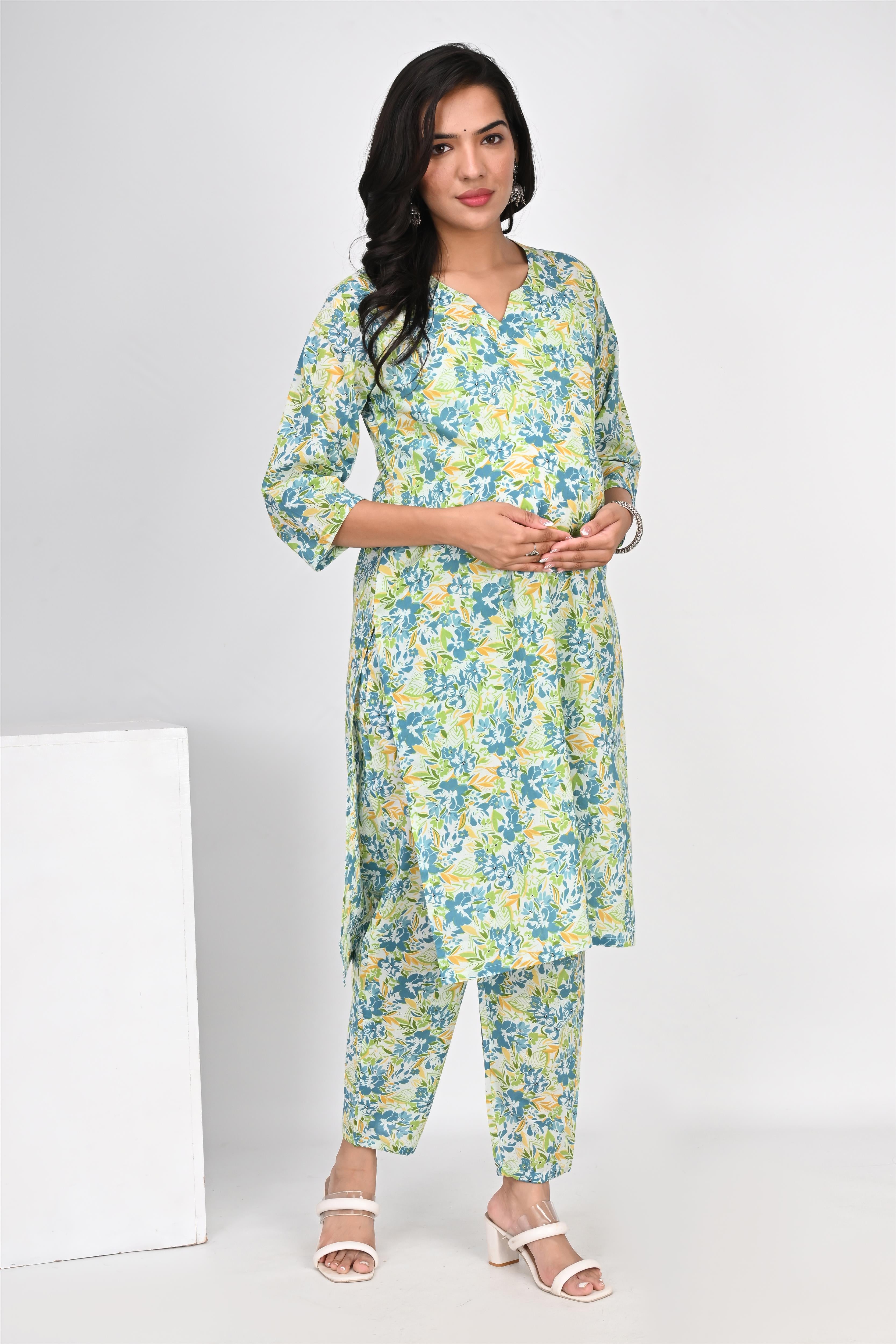 Ofably Blue Green Flower Cotton Maternity Co-ord Set- White(OFMCORD02)