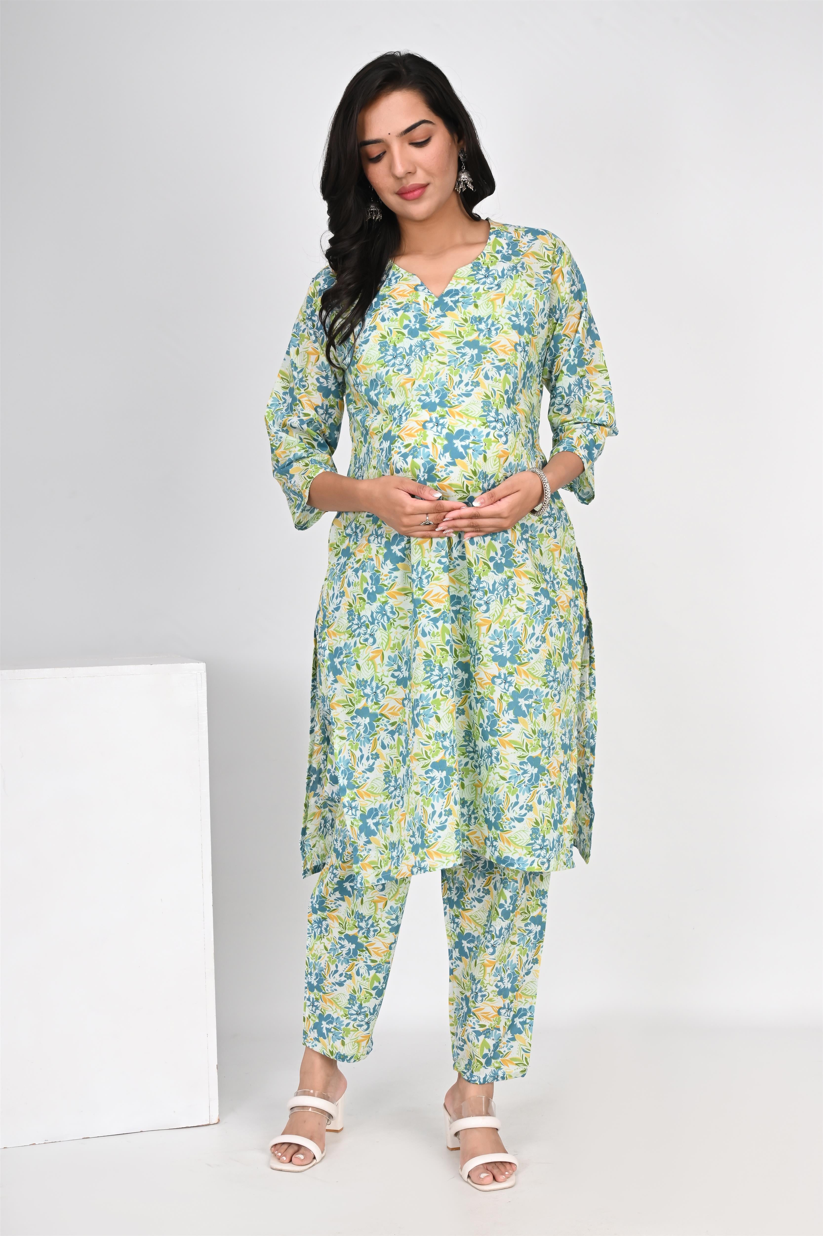 Ofably Blue Green Flower Cotton Maternity Co-ord Set- White(OFMCORD02)