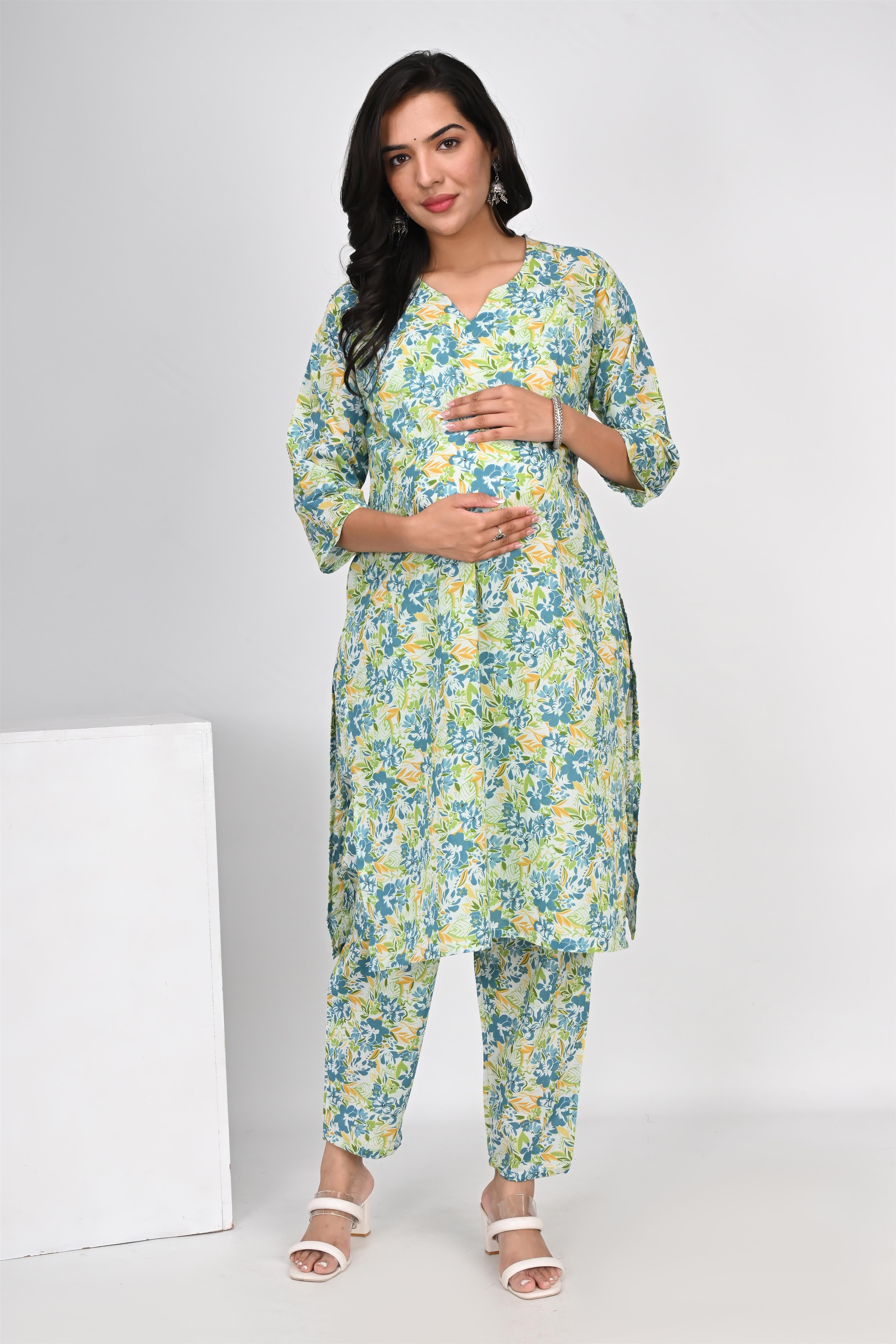 Ofably Blue Green Flower Cotton Maternity Co-ord Set- White(OFMCORD02)