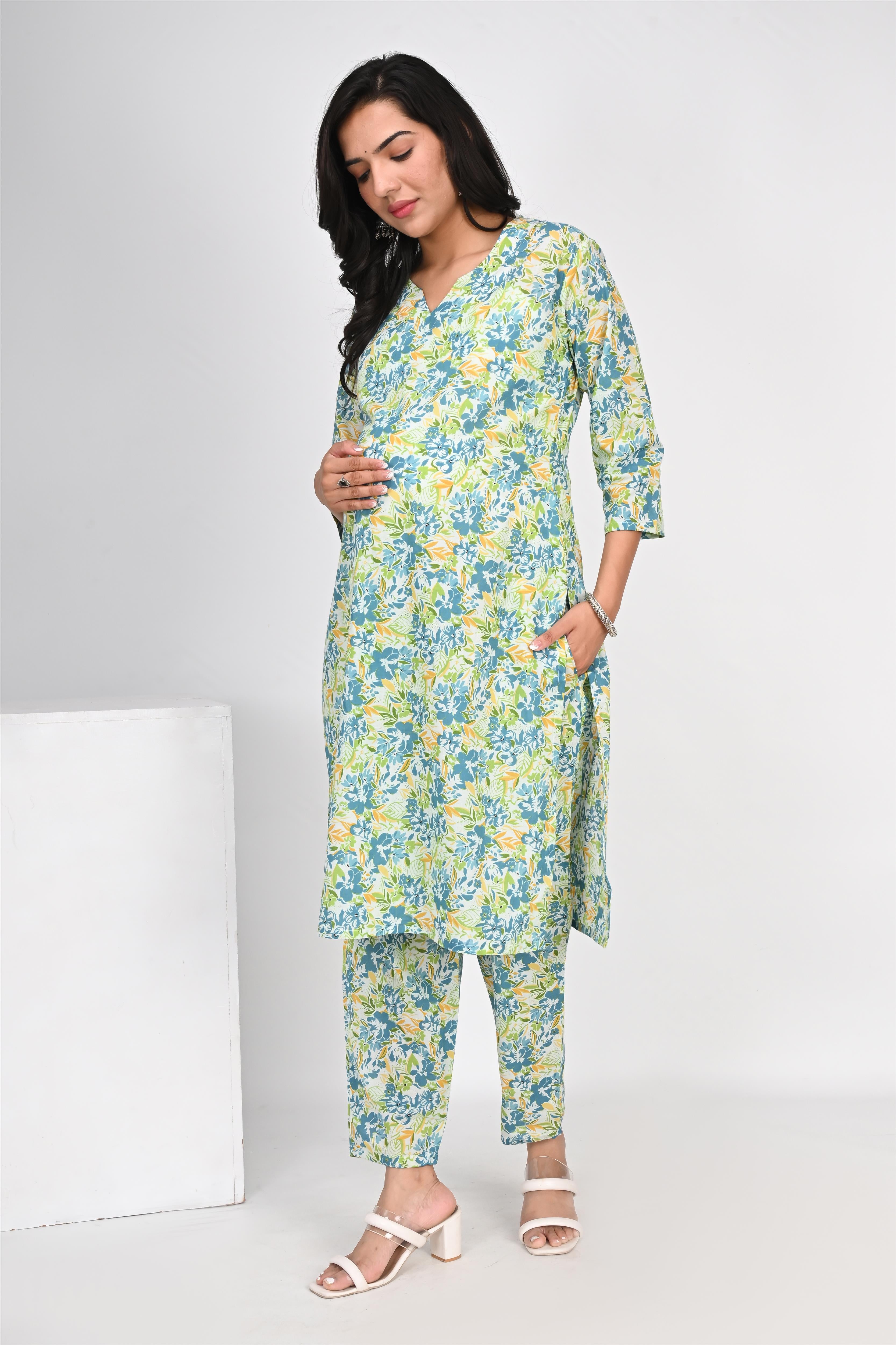 Ofably Blue Green Flower Cotton Maternity Co-ord Set- White(OFMCORD02)