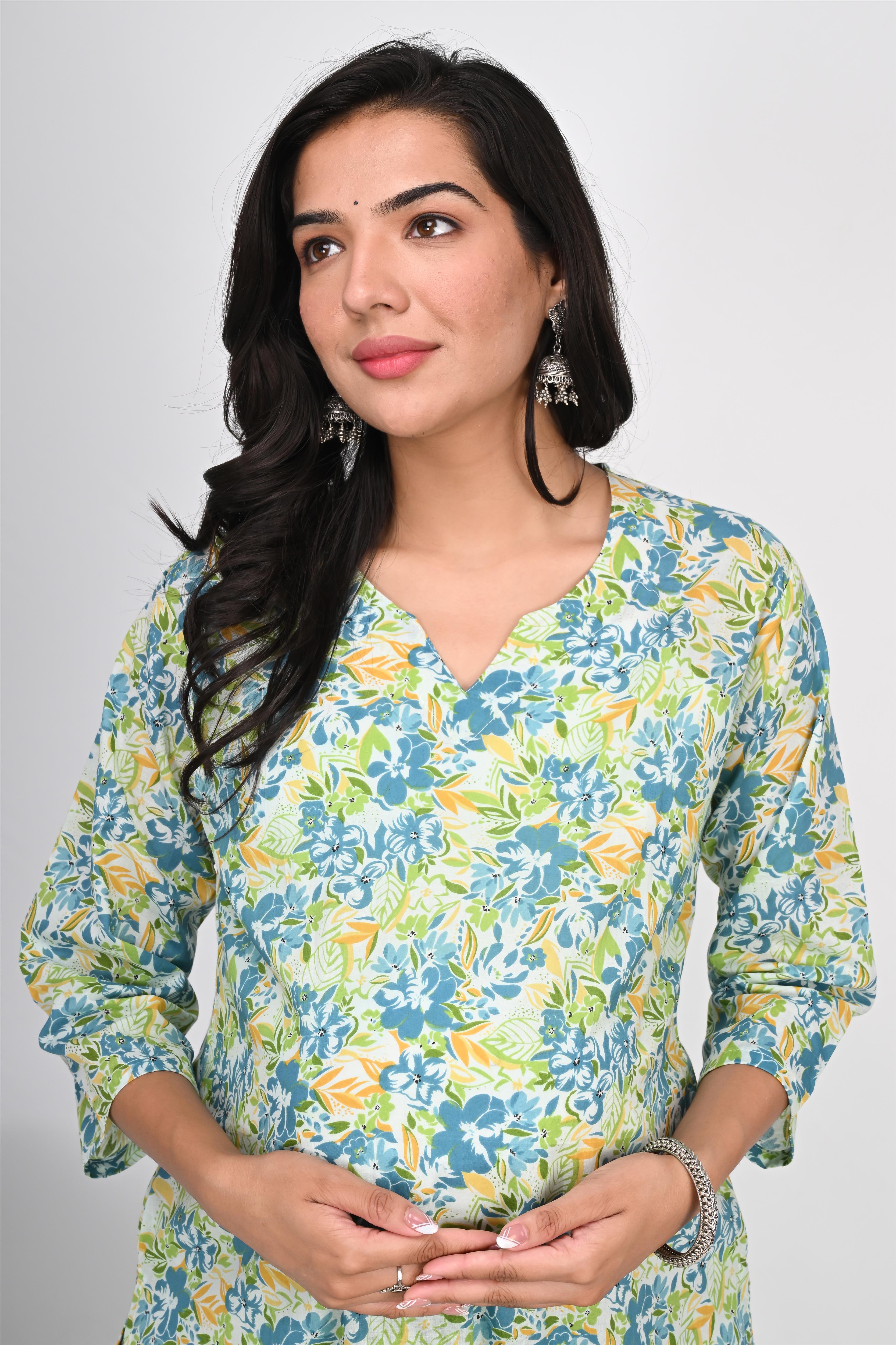 Ofably Blue Green Flower Cotton Maternity Co-ord Set- White(OFMCORD02)